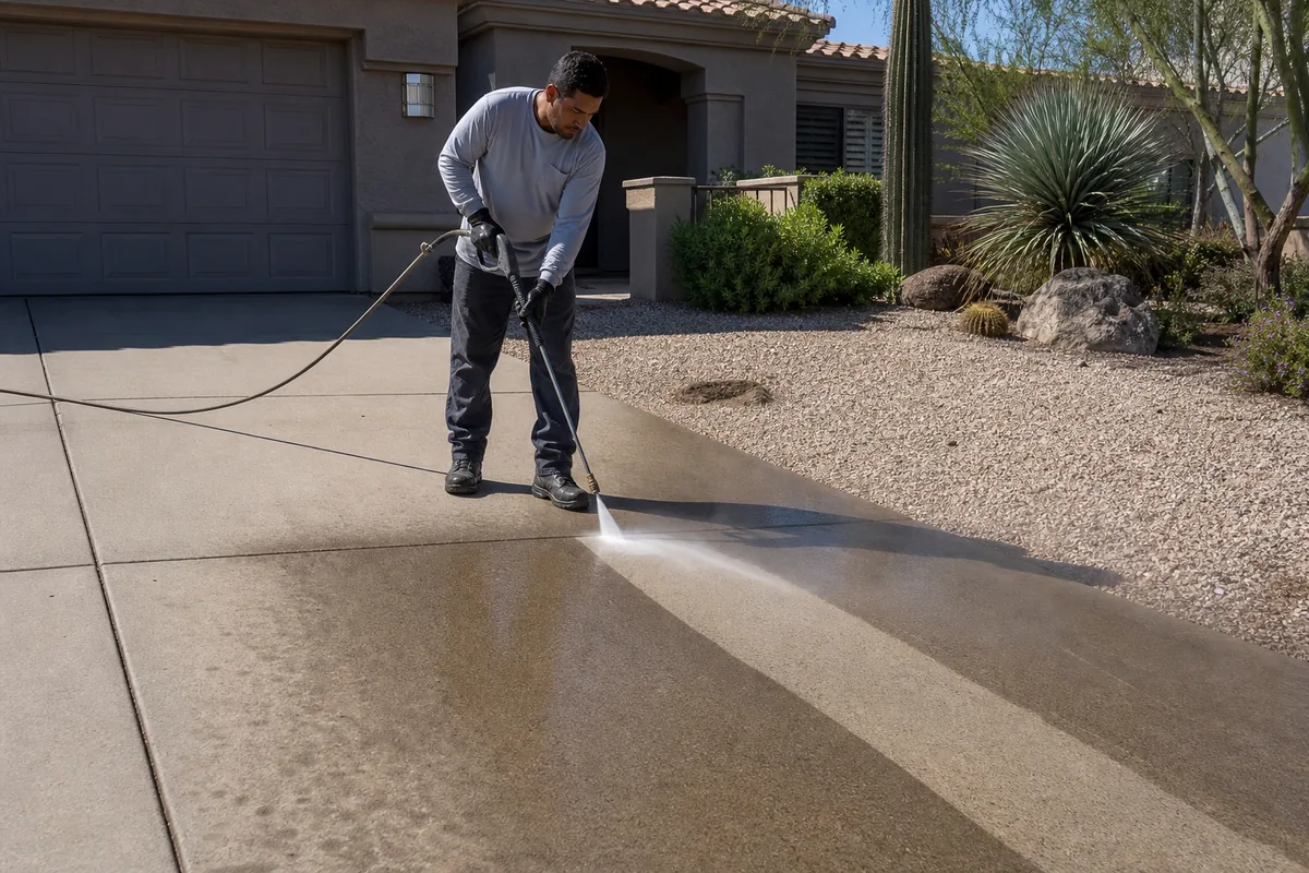 Pressure washing a Scottsdale Arizona driveway with a visible clean stripe