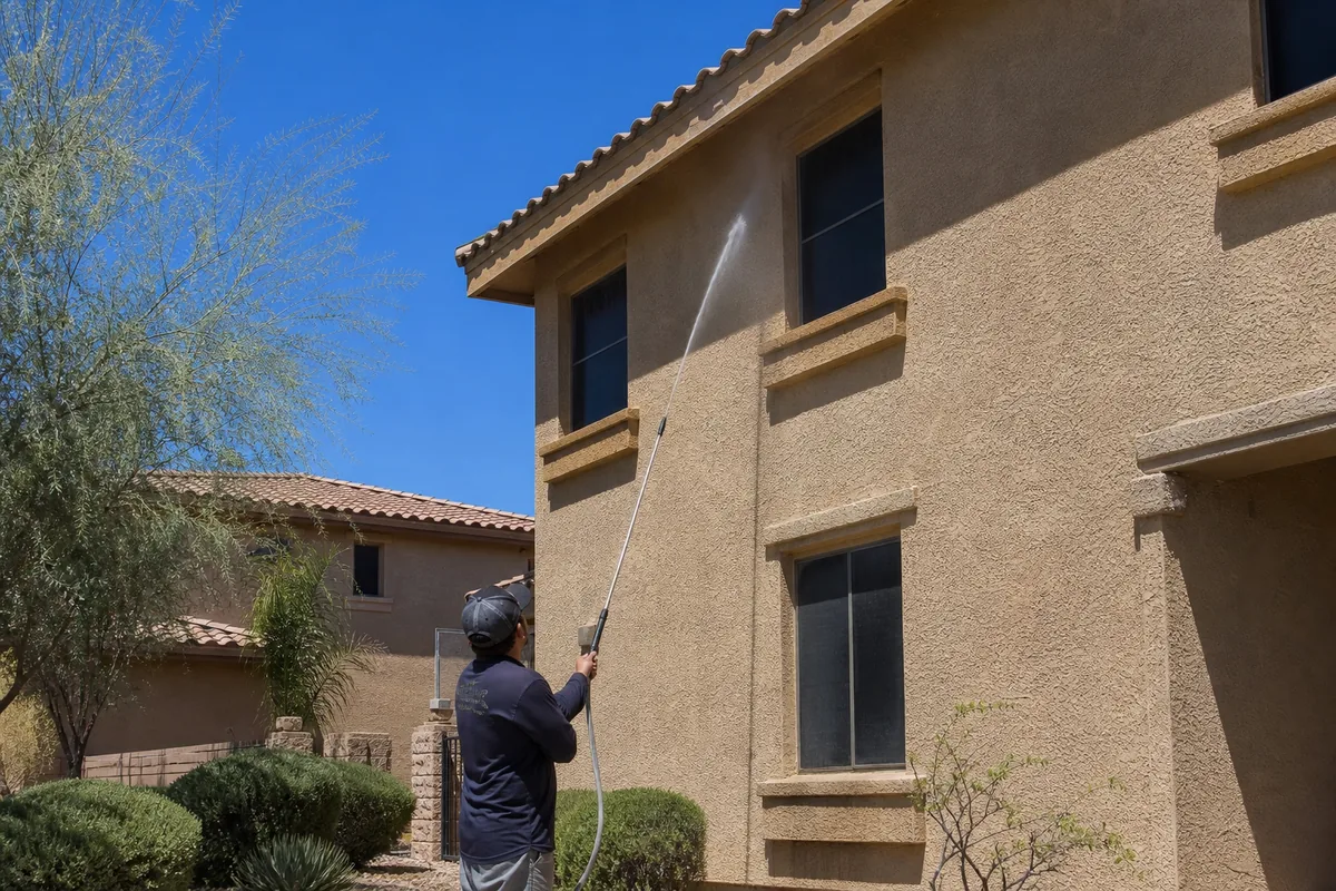 Worker soft washing the stucco exterior of a two-story Scottsdale home