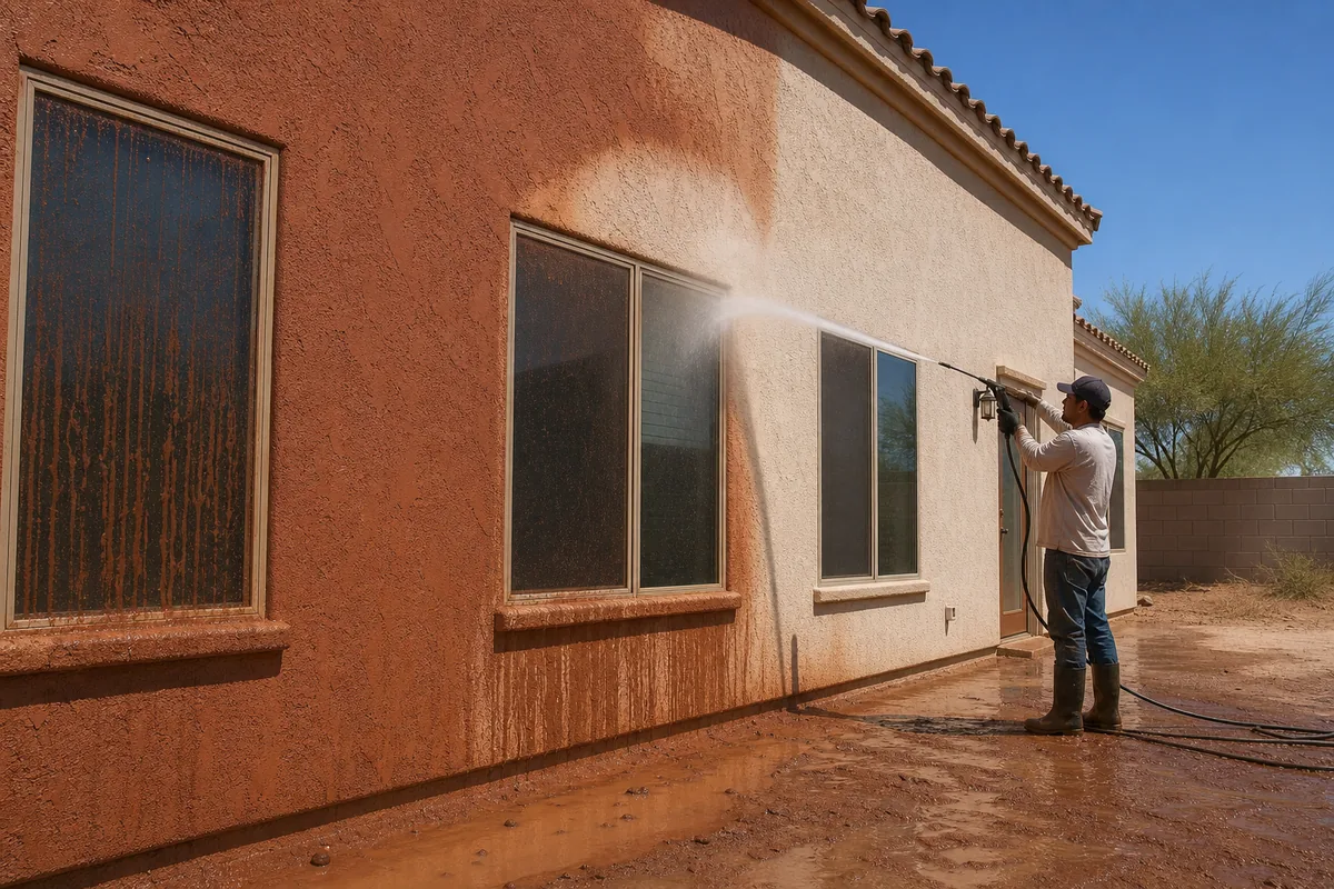 Worker rinsing haboob dust residue off an Arizona home exterior after a monsoon storm