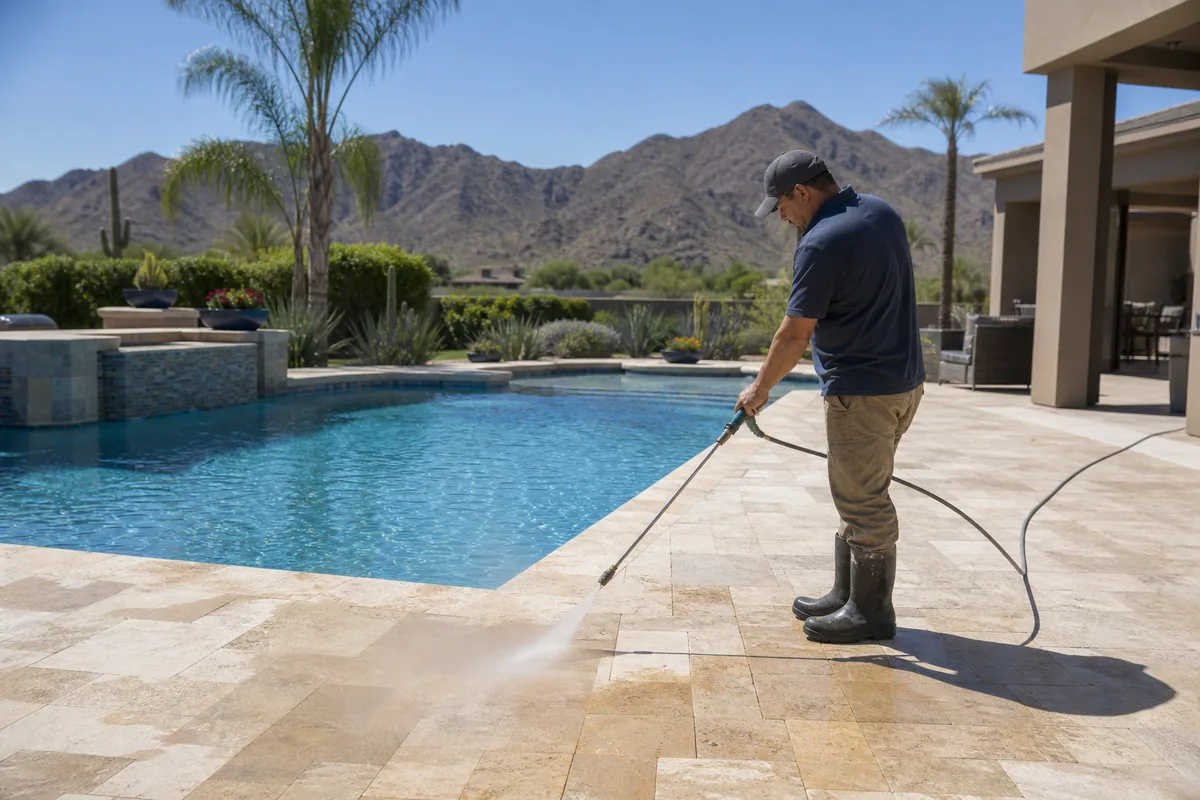Worker pressure washing a travertine pool deck at a Scottsdale home